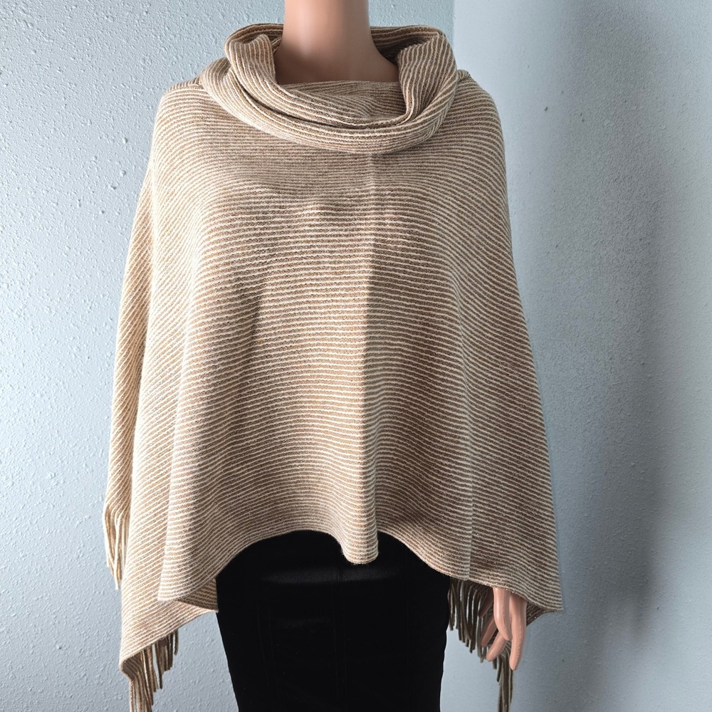 Chicos Cozy Stripe Cowl‎ Neck Poncho Vanilla Almond Metallic Fringe One Size NWT